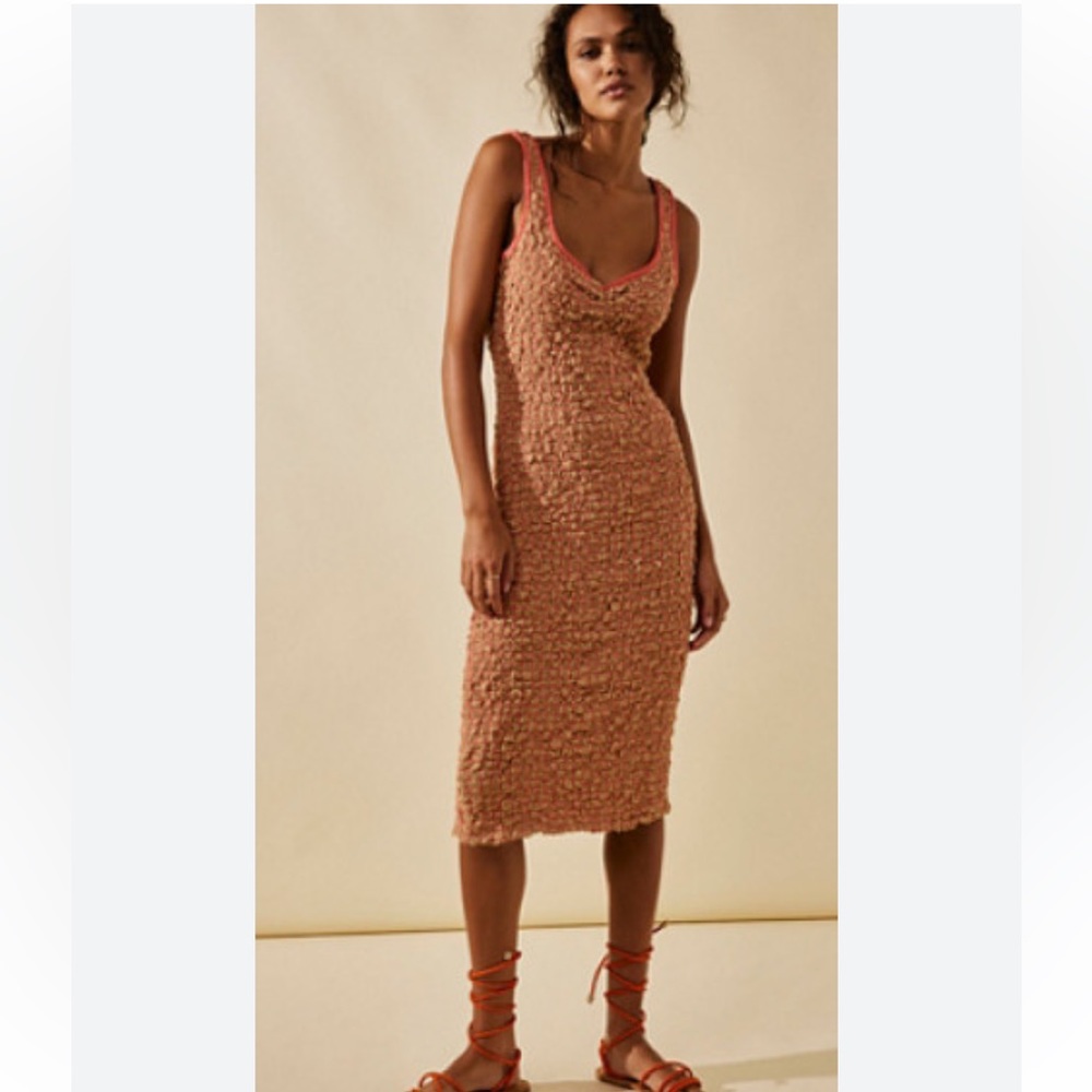 Free People Textured Midi Dress in Peach and Coral